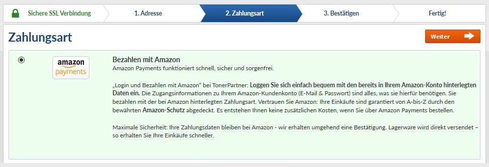 Zahlungsart Bezahlen mit Amazon als Zahlungsart bei TonerPartner Zahlungsart Bezahlen mit Amazon bei TonerPartner